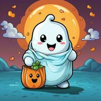 A funny ghosts on halloween celebration in a cemetery at night in cute cartoon style. Halloween by AI generated photo