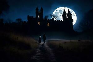 un hombre y un niño caminar en frente de un castillo a noche. generado por ai foto