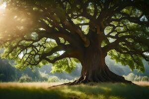 an old oak tree in the middle of a field. AI-Generated photo