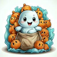 A funny ghosts on halloween celebration in a cemetery at night in cute cartoon style. Halloween by AI generated photo