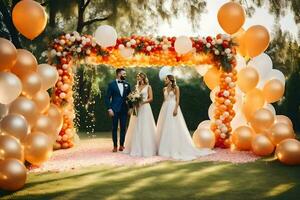 wedding couple under a arch of orange and gold balloons. AI-Generated photo