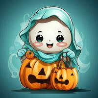 A funny ghosts on halloween celebration in a cemetery at night in cute cartoon style. Halloween by AI generated photo