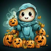 A funny ghosts on halloween celebration in a cemetery at night in cute cartoon style. Halloween by AI generated photo