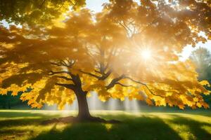 el Dom brilla mediante el hojas de un árbol en el otoño. generado por ai foto