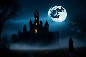 a castle in the dark with a full moon. AI-Generated photo