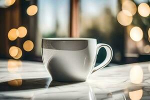 a white coffee cup sitting on a table in front of a window. AI-Generated photo