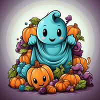 A funny ghosts on halloween celebration in a cemetery at night in cute cartoon style. Halloween by AI generated photo