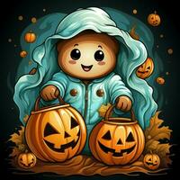 A funny ghosts on halloween celebration in a cemetery at night in cute cartoon style. Halloween by AI generated photo