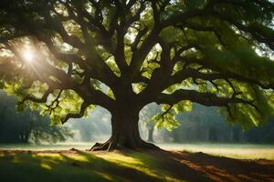 the sun shines through the leaves of an oak tree. AI-Generated photo