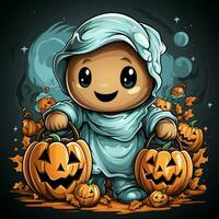 A funny ghosts on halloween celebration in a cemetery at night in cute cartoon style. Halloween by AI generated photo
