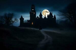 a castle in the dark with a full moon. AI-Generated photo