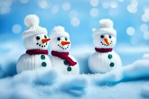 three snowmen wearing knitted hats and scarves. AI-Generated photo