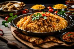 indian food in a pan on a wooden table. AI-Generated photo