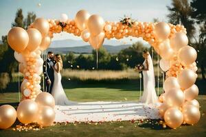 un Pareja es en pie debajo un arco de globos generado por ai foto