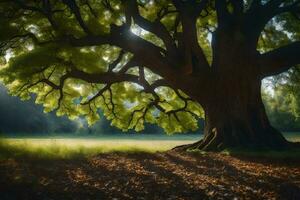 un grande árbol en el medio de un campo. generado por ai foto