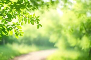 a green path in the forest with trees and leaves. AI-Generated photo