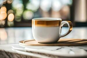 golden coffee cup on a marble tray. AI-Generated photo