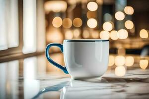 un café taza en un mármol mostrador en frente de un ventana. generado por ai foto