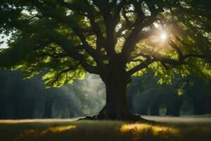 el Dom brilla mediante el hojas de un grande árbol. generado por ai foto