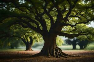 un grande árbol en el medio de un campo. generado por ai foto