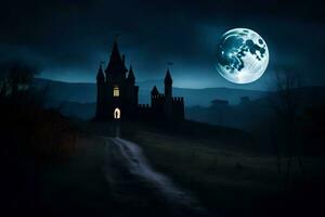 a castle in the dark with a full moon. AI-Generated photo