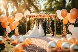 wedding couple standing under a canopy of balloons and flowers. AI-Generated photo