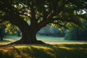 the sun shines through the leaves of a large tree. AI-Generated photo