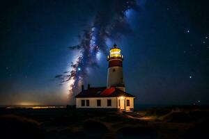 a lighthouse with stars and milky in the sky. AI-Generated photo