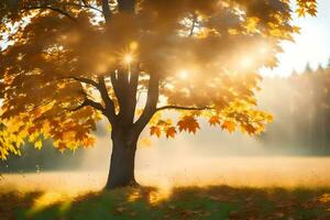 a tree in the middle of an autumn field. AI-Generated photo