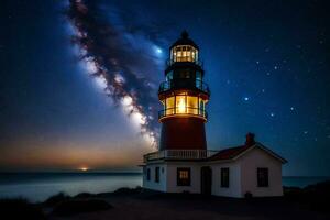 a lighthouse with stars and milky in the sky. AI-Generated photo