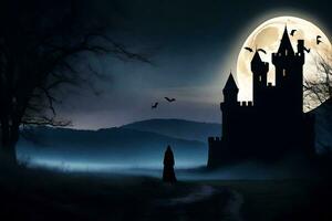 un castillo en el oscuro con murciélagos volador alrededor él. generado por ai foto
