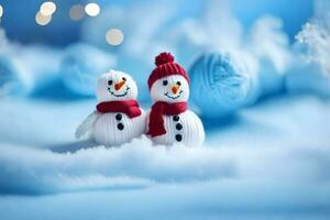 two snowmen are sitting on a blue background. AI-Generated photo
