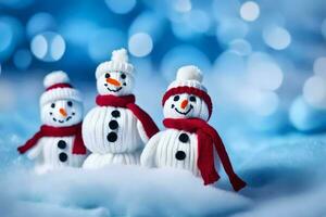 three snowmen in red scarves and hats on a blue background. AI-Generated photo