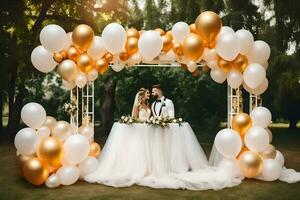 a bride and groom under a golden and white balloon arch. AI-Generated photo