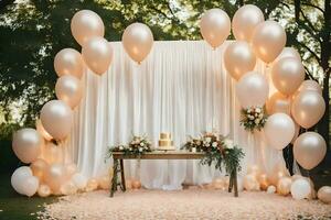 a wedding backdrop with balloons and flowers. AI-Generated photo