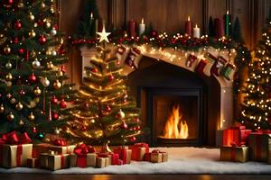 christmas fireplace with presents and a christmas tree. AI-Generated photo