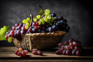 grapes in a basket on a dark background. AI-Generated photo