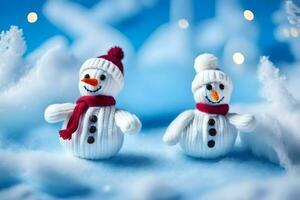 two snowmen are wearing knitted hats and scarves. AI-Generated photo