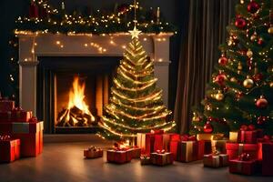 christmas tree and presents in front of fireplace. AI-Generated photo