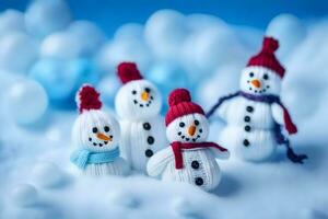 snowmen in knitted hats and scarves on a blue background. AI-Generated photo