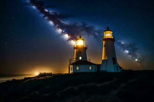 two lighthouse lights are lit up under the night sky. AI-Generated photo
