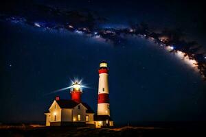 un faro con un estrellado cielo encima él. generado por ai foto