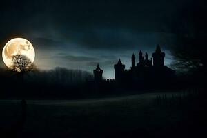 a castle in the dark with a full moon. AI-Generated photo