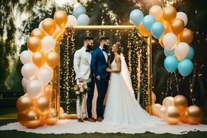 wedding couple in front of a golden arch with balloons. AI-Generated photo