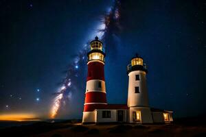 two lighthouse towers with the milky in the background. AI-Generated photo