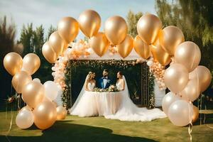 wedding couple under a golden arch with balloons. AI-Generated photo