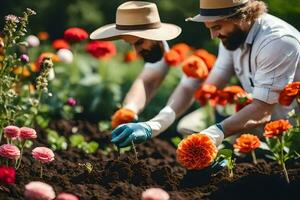 dos hombres en sombreros y sombreros son trabajando en un jardín. generado por ai foto