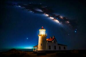 a lighthouse with stars in the sky and a milky way. AI-Generated photo