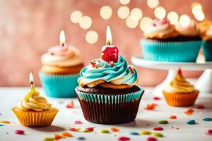 birthday cupcakes with candles. AI-Generated photo