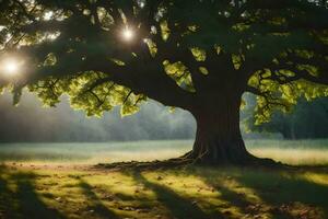 the sun shines through the leaves of an oak tree. AI-Generated photo